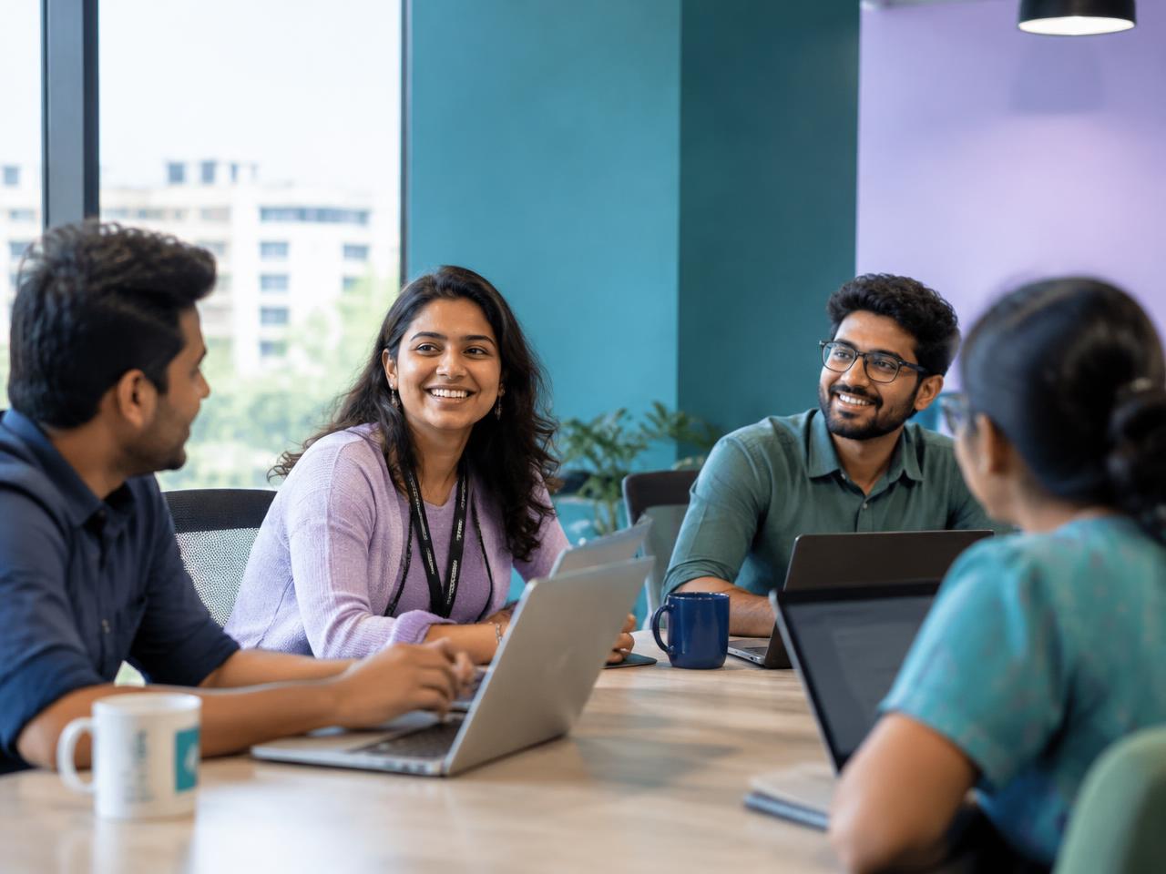 Colleagues in a relaxed team discussion in a modern office