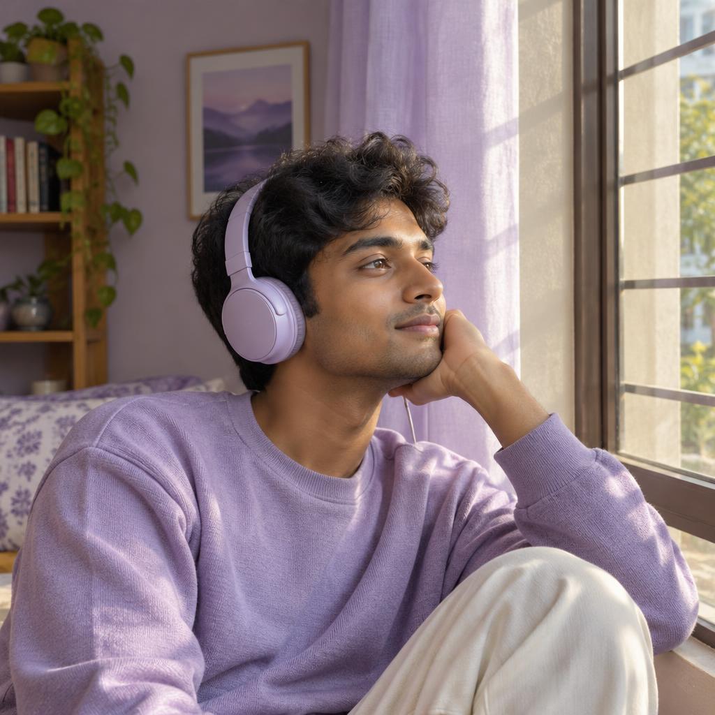 A young man taking a quiet moment with headphones by a window