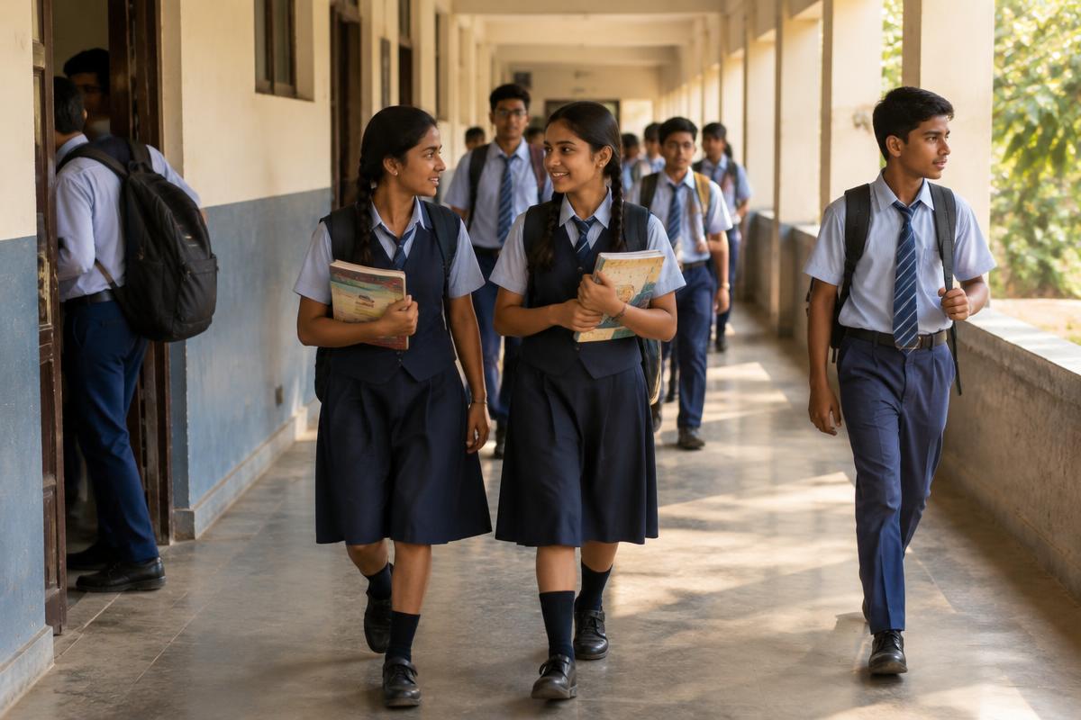 Indian students walking between classes in a school corridor