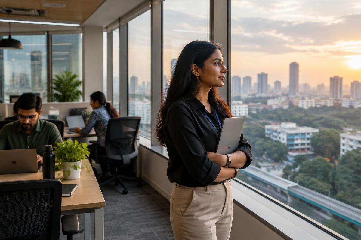 Indian professional pausing at an office window