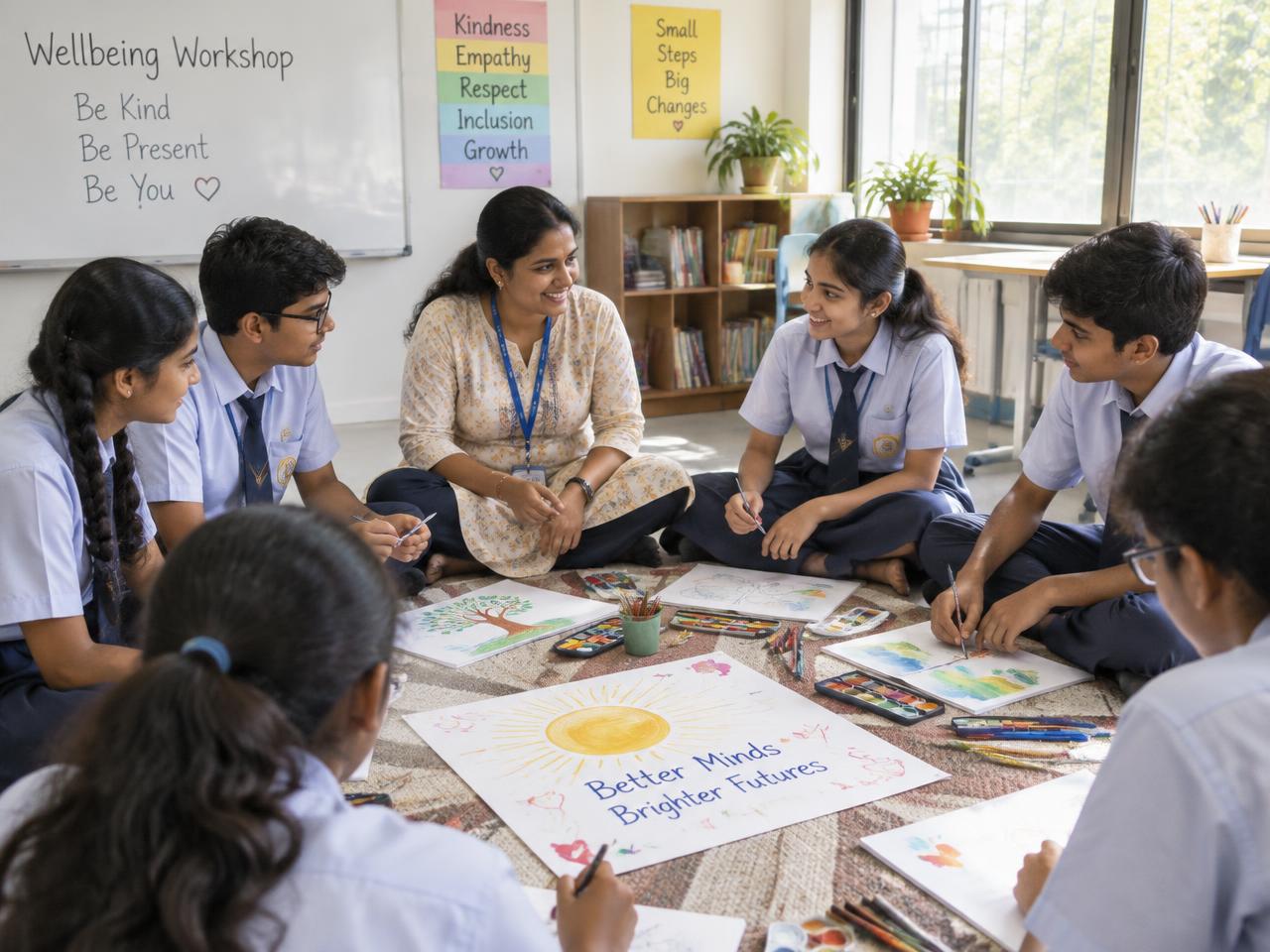 Students in a wellbeing art workshop sitting in a circle